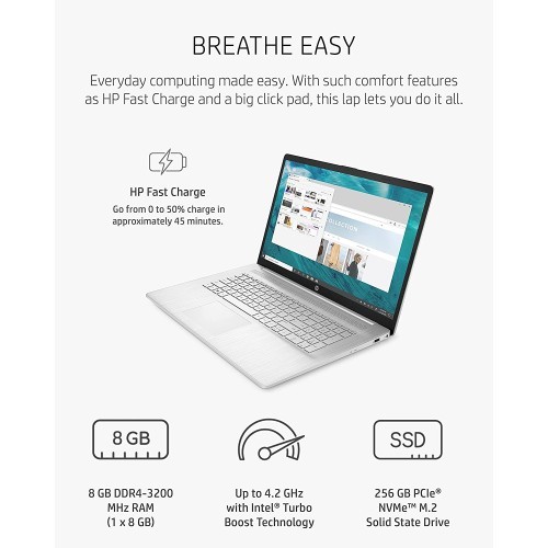 HP 惠普 17 笔记本电脑、第 11 代 Intel Core i5-1135G7、8 GB RAM、256 GB SSD 存储、17.3 英寸 HD+ 显示屏、Windows 10 Home、防眩光屏幕、长电池寿命、网络摄像头和双麦克风